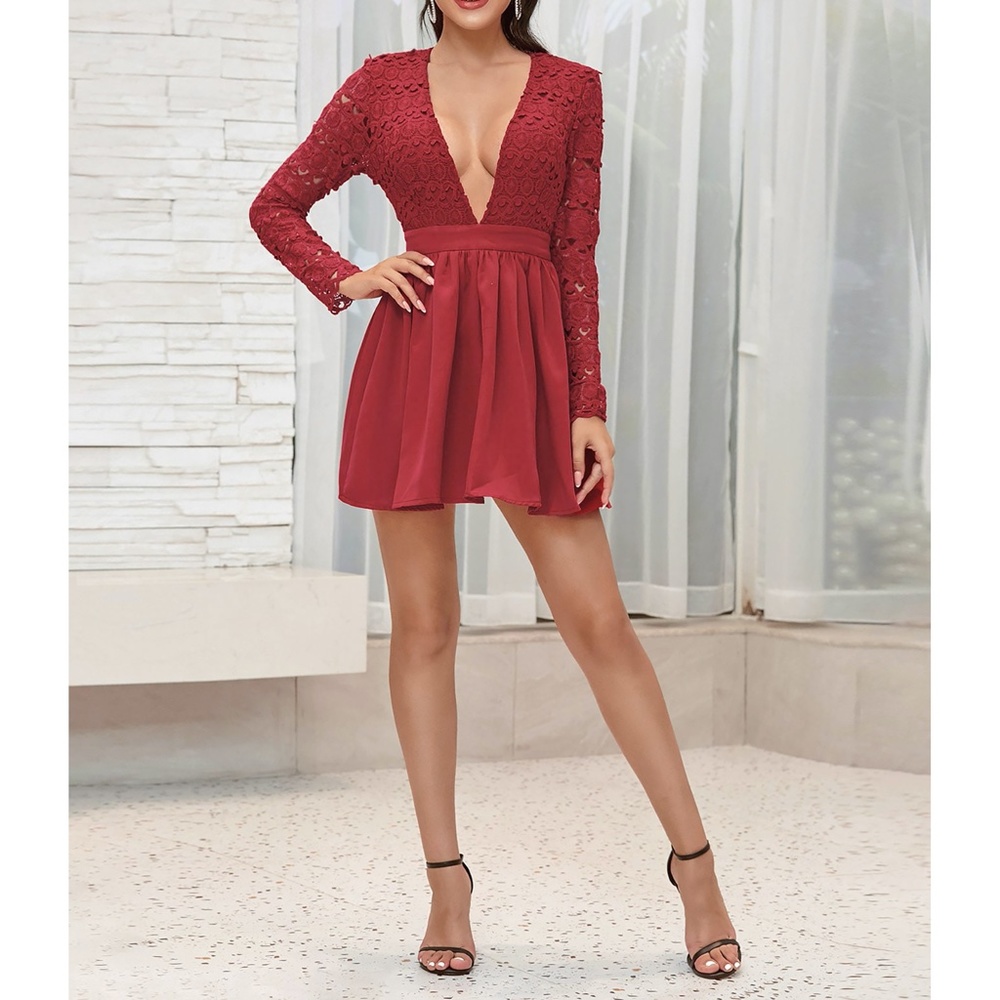 Red Plunge Guipure Lace Long Sleeve Skater Dress - Picture 5 of 16